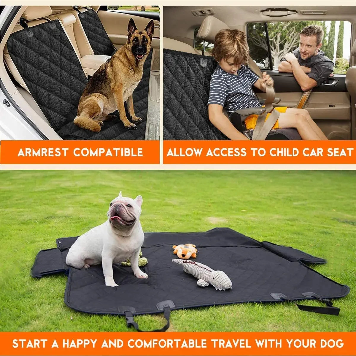 Versatile rear seat protector for pets.